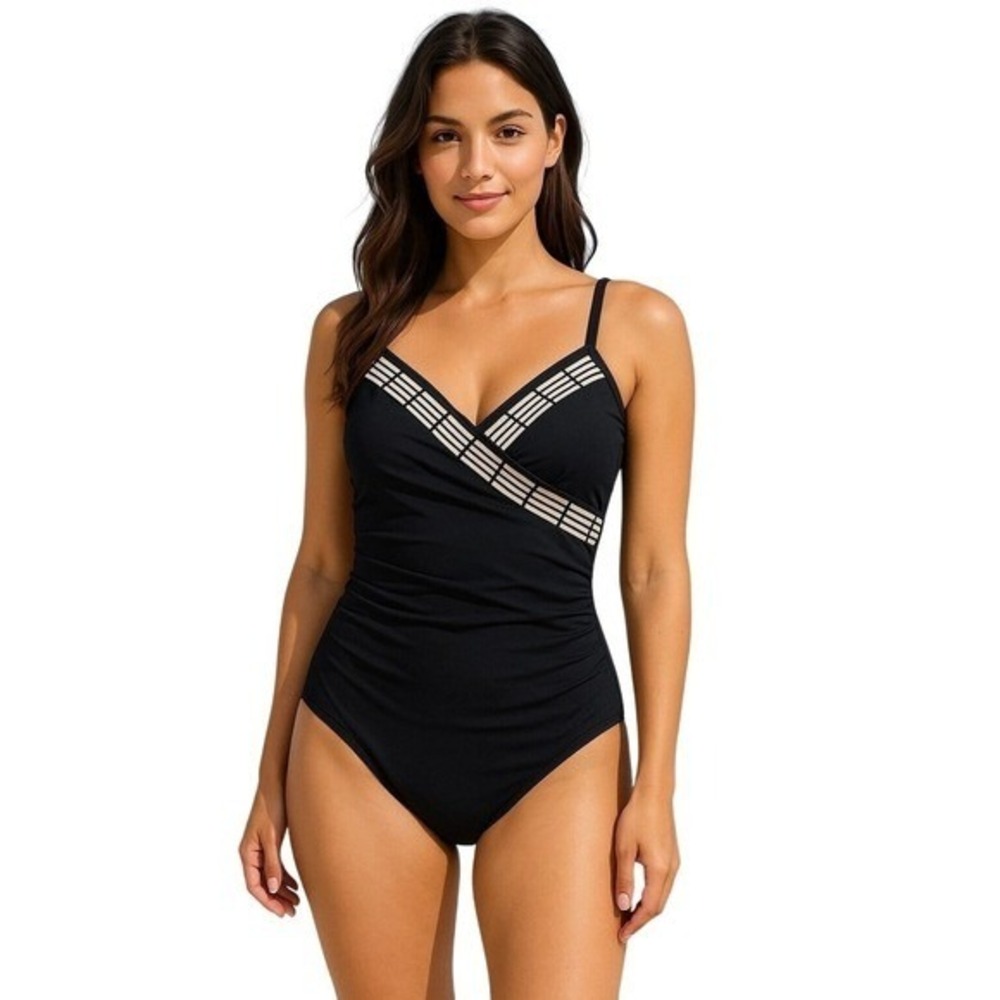 Roidal Womens Plus US 16 One Piece Swimsuit Mariland Black Striped Trim‎ NWT